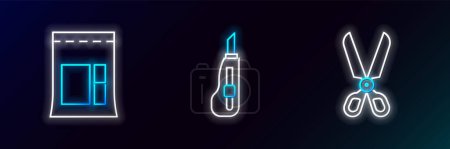 Set line Scissors, Cement bag and Stationery knife icon. Glowing neon. Vector