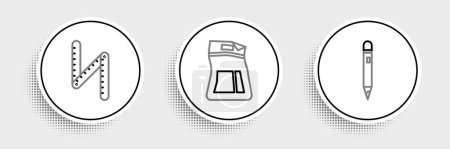 Set line Pencil with eraser, Folding ruler and Cement bag icon. Vector