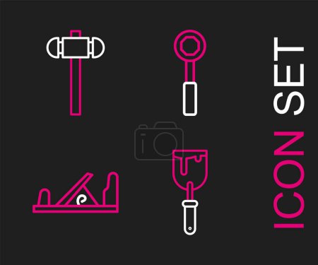 Set line Putty knife, Wood plane tool, Wrench spanner and Sledgehammer icon. Vector