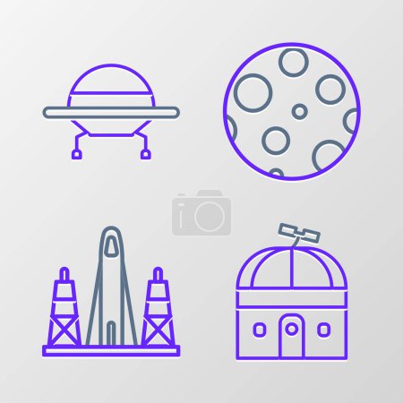 Set line Astronomisches Observatorium, Raketenstart vom Weltraumbahnhof, Mond und UFO fliegendes Raumschiff Ikone. Vektor