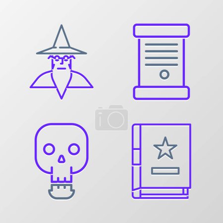 Set line Ancient magic book, Skull, Decree, paper, parchment, scroll and Wizard warlock icon. Vector