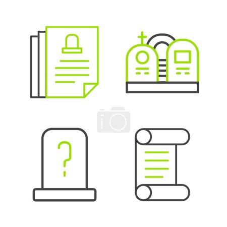 Set line Decree, parchment, scroll, Grave with tombstone,  and Death certificate icon. Vector