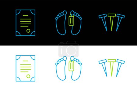 Set line Metallic nails, Death certificate and Dead body icon. Vector
