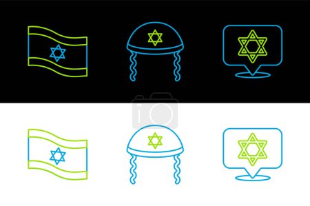 Set-Line Davidstern, Flagge Israel und jüdische Kippa-Ikone. Vektor