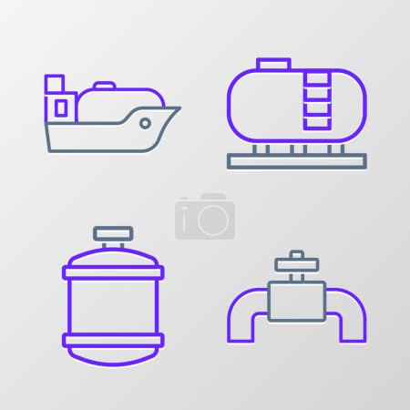 Set line Metallic pipes and valve, Propane gas tank, Oil storage and tanker ship icon. Vector