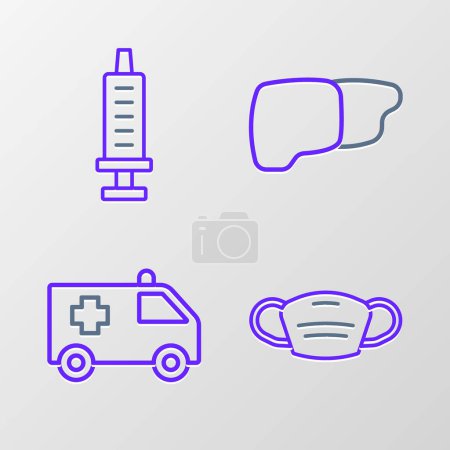 Illustration for Set line Medical protective mask, Ambulance car, Human organ liver and Syringe icon. Vector - Royalty Free Image