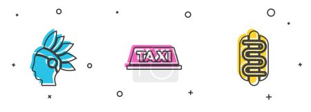 Illustration for Set Native American Indian, Taxi car roof and Hotdog sandwich icon. Vector - Royalty Free Image