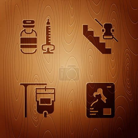 Set X-ray shots, Syringe, IV bag and Disabled elevator on wooden background. Vector
