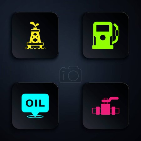 Set Metallic pipes and valve, Oil rig, Word oil and Petrol gas station. Black square button. Vector