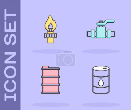 Set Barrel oil, Oil rig with fire,  and Metallic pipes and valve icon. Vector