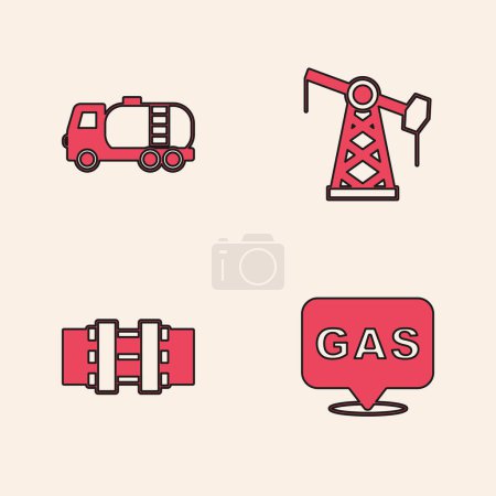 Set Location and gas station, Tanker truck, Oil pump or pump jack and Metallic pipes valve icon. Vector