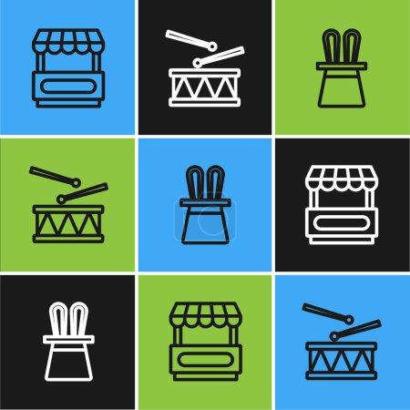 Ilustración de Set line Carro de comida callejera rápida, sombrero de mago y orejas de conejo y tambor con palos de tambor icono. Vector - Imagen libre de derechos