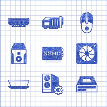 Set SSHD card, Case of computer, Optical disc drive, Computer cooler, Laptop, Uninterruptible power supply, mouse and RAM, random access memory icon. Vector