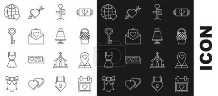 Set line Calendar with heart, Map pointer, Flowers basket, Signpost, Envelope Valentine, Key shape, The world love and Wedding cake icon. Vector