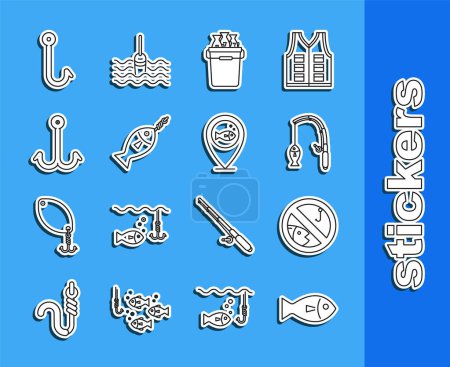 Set line Fish, No fishing, Fishing rod and, bucket with fishes, on hook,  and Location icon. Vector