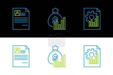 Ilustración de Establecer documento de línea con gráfico gráfico, curriculum vitae y bolsa de dinero y el icono del diagrama. Vector - Imagen libre de derechos