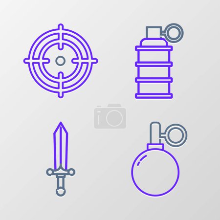 Set line Hand grenade, Medieval sword,  and Target sport icon. Vector