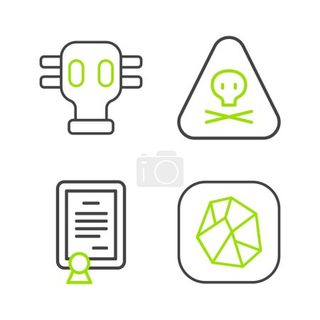 Set line Salt stone, Certificate template, Triangle warning toxic and Gas mask icon. Vector
