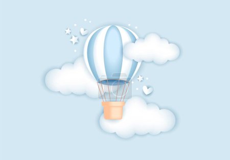 Foto de 3d baby shower, globo de aire caliente con nubes para niños de diseño en colores pastel. Lindo estilo realista ilustración. - Imagen libre de derechos
