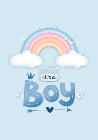 Photo for Its a boy, 3d lettering and rainbow in pastel blue colors. Baby shower card. Cute illustration in realistic style. - Royalty Free Image