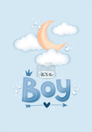 Photo for Its a boy, 3d lettering and moon in pastel blue colors. Baby shower card. Cute illustration in realistic style. - Royalty Free Image