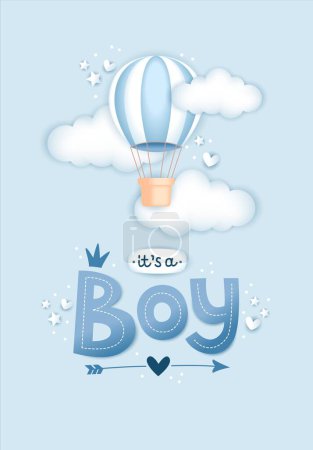 Photo for Its a boy, 3d lettering and hot air balloon. Baby shower card. Cute illustration in realistic style. - Royalty Free Image
