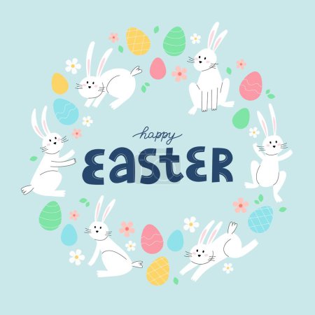 Foto de Feliz tarjeta de Pascua con letras, conejos y huevos. Diseño de ilustración de vacaciones minimalista forma circular - Imagen libre de derechos