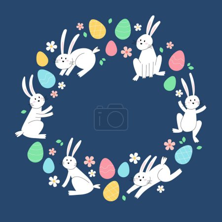 Téléchargez les photos : Bonne carte de Pâques avec lapins et œufs. Illustration de vacances minimaliste forme circulaire - en image libre de droit