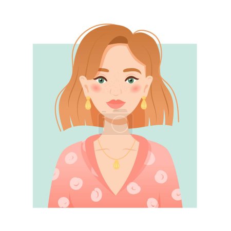 Illustration for Woman portrait, ginger or red hair young woman with trendy hairstyle. Vector illustration flat cartoon style - Royalty Free Image