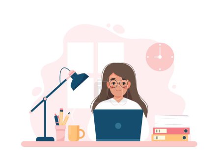 Illustration for Woman working with computer, office worker, home office, . Cute concept vector illustration flat style - Royalty Free Image