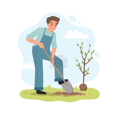 Illustration for Man digging up ground with shovel to plant a tree. Male working in garden. Cute vector illustartion flat cartoon style - Royalty Free Image
