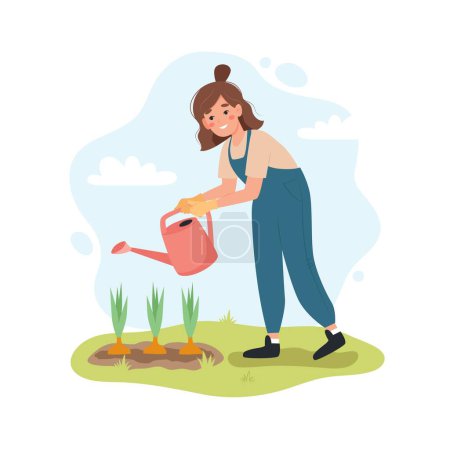 Téléchargez les illustrations : Woman with watering can. Female gardener watering plants in spring. Cute vector illustartion flat cartoon style - en licence libre de droit