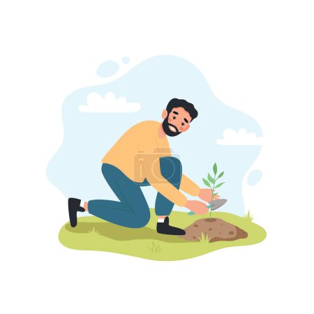 Téléchargez les illustrations : Man planting garden flowers in soil. Male working in garden. Cute vector illustartion flat cartoon style - en licence libre de droit