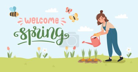 Illustration for Woman with watering can. Female gardener watering plants in spring. Banner with lettering, vector illustartion flat cartoon style - Royalty Free Image