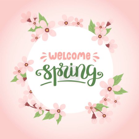 Téléchargez les illustrations : Bienvenue printemps, lettrage avec cadre en fleur de cerisier. Illustration vectorielle à ressort en forme circulaire, dessin de carte - en licence libre de droit
