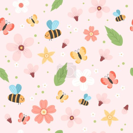 Téléchargez les illustrations : Modèle de printemps avec des fleurs, des abeilles et des papillons. Éléments vectoriels mignons style dessin animé plat - en licence libre de droit