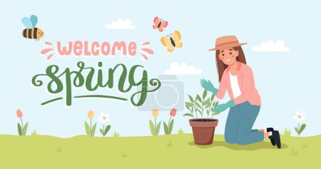 Ilustración de Mujer cuidando plantas. Jardinero femenino en primavera. Banner con letras, ilustración vectorial estilo de dibujos animados planos - Imagen libre de derechos