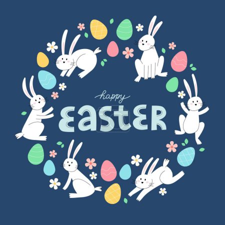 Ilustración de Feliz tarjeta de Pascua con letras, conejos y huevos. Minimalista vacaciones vector ilustración diseño forma circular - Imagen libre de derechos