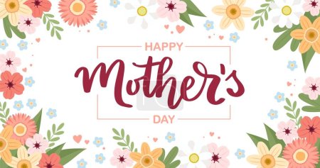Ilustración de Banner del día de la madre con flores, plantilla de tarjeta de felicitación, ilustración vectorial con letras dibujadas a mano - Imagen libre de derechos