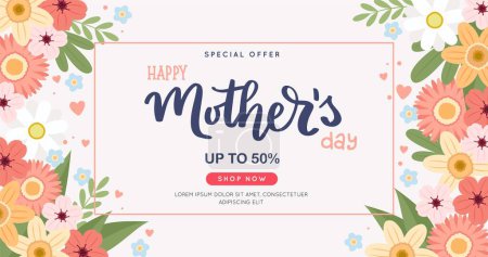Illustration for Mother s day sale banner with flowers and hand drawn lettering, vector illustration flat style - Royalty Free Image