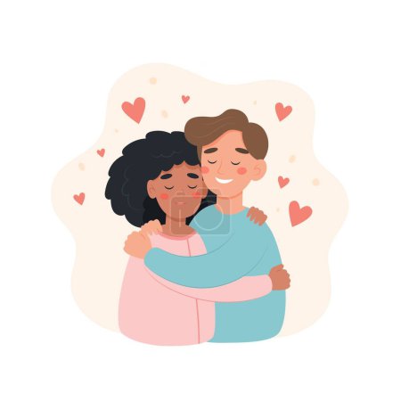 Illustration for Happy international couple. Man and woman of different races hugging each other. Cute vector illustration flat cartoon style - Royalty Free Image