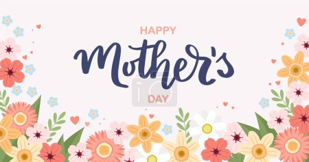Illustration for Mother s day banner with flowers, greeting card template, vector illustration hand drawn lettering - Royalty Free Image