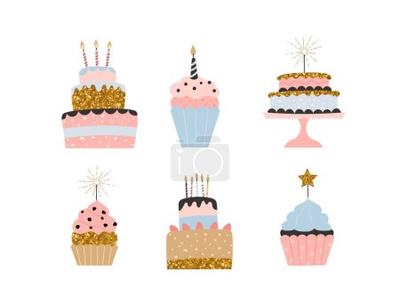 Téléchargez les illustrations : Joyeux anniversaire gâteaux collection vectorielle. Desserts festifs dans un style minimaliste tendance. Gâteaux, cupcakes à la crème et aux bougies. - en licence libre de droit