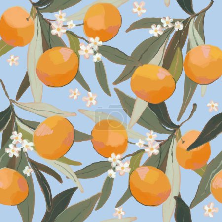Téléchargez les illustrations : Motif floral mandarin. branches d'arbres dessinées à la main avec des mandarines mûres, des feuilles et des fleurs sur fond bleu. Illustration vectorielle - en licence libre de droit
