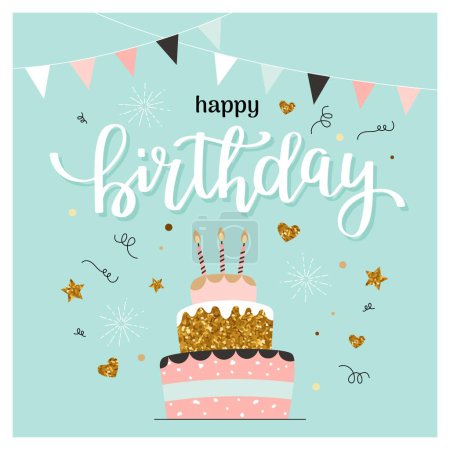 Illustration for Happy birthday card with cake and calligraphy. Cute and elegant vector illustration template trendy minimalist style - Royalty Free Image