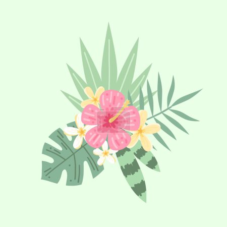 Téléchargez les illustrations : Fleurs et feuilles d'été, illustration vectorielle tendance colorée dessinée à la main - en licence libre de droit