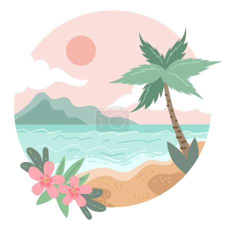 Illustration for Summer flowers and leaves, hibiscus and plumeria hand drawn colorful trendy vector illustration - Royalty Free Image