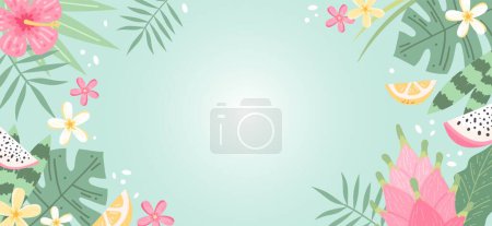 Illustration for Summer background with flowers and leaves, hibiscus and plumeria. Hand drawn colorful trendy vector illustration - Royalty Free Image