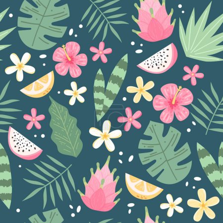 Illustration for Tropical leaves and flowers seamless patterns, hand drawn colorful vector illustration - Royalty Free Image