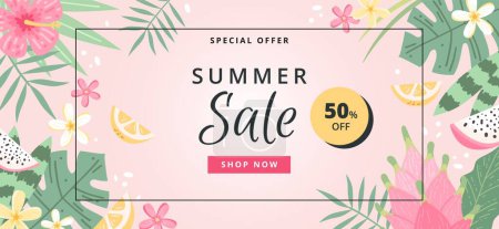 Illustration for Summer sale banner with flowers, leaves and fruits. Hand drawn template, colorful trendy vector illustration - Royalty Free Image